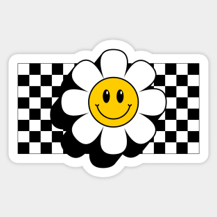 Retro Smiley Daisy Flower Emoji with Chess Board Black and White Sticker